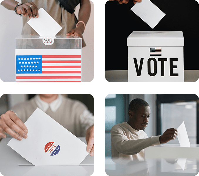 A series of four pictures showing people voting.
